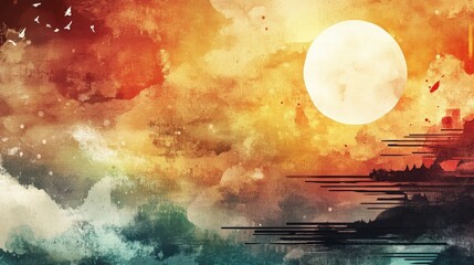 Fototapeta premium A luminous full moon and birds fly in colorful painted sky