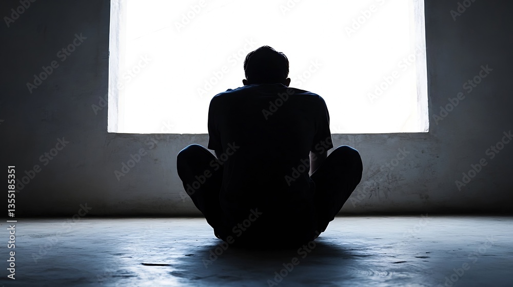 Poster shadowy figure sitting crosslegged on the floor looking out a large window : generative ai