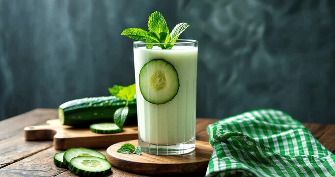 Ayran beverage with cucumber and mint in a glass placed on a wooden table.