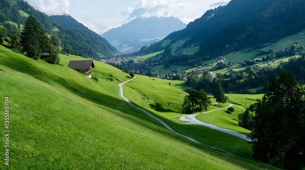 Aufkleber breathtaking panoramic view of lush green hills and valleys under a bright sky in the mountains : ge