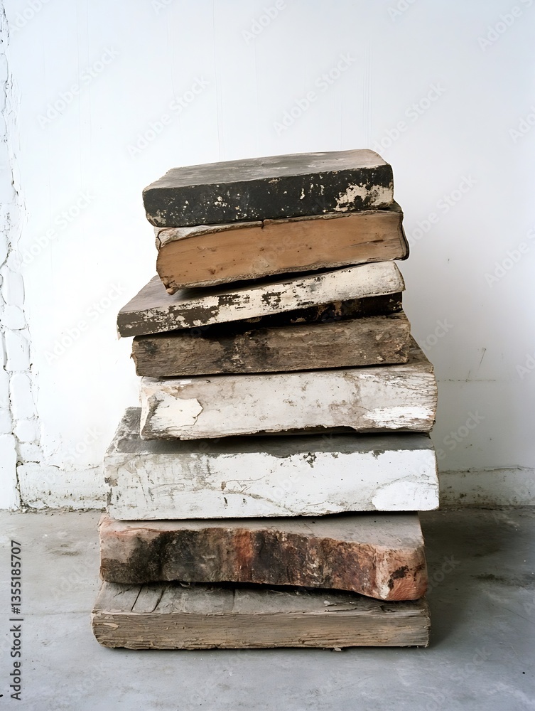 Poster Stack of Vintage Books with Distressed Covers Arrayed in a Modern Minimalist Style : Generative AI