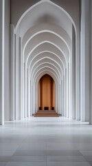 Fototapeta premium Symmetrical White Arches and Structure Leading to Wood Door Interior