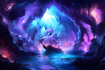 Obraz premium Ship sailing in glowing crystal cave, fantasy art