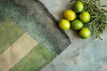 A textured green and beige throw lies next to a cluster of limes and fresh rosemary sprigs.