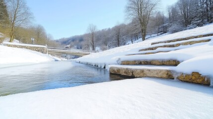 Obraz premium Winter wonderland scene with a frozen river, stone steps, and snowy landscape