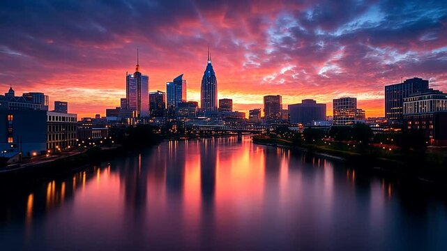 Nashville skyline sunrise over river, vibrant colors, city lights reflected. Use Background, wallpaper, stock photo