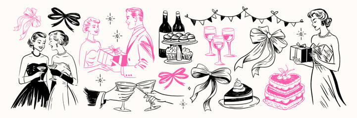 Hand-Drawn Vintage Celebration. Elegant Retro Party with Stylish People, Gifts, Drinks, and Decorations