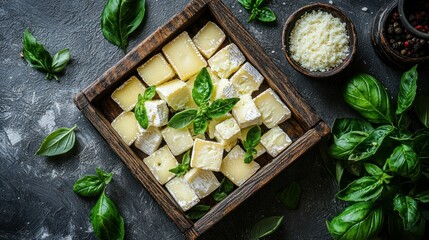 Creamy cheese cubes, basil, dark stone, recipe
