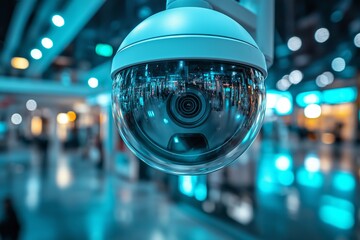 Close-up of a security camera in a modern shopping mall