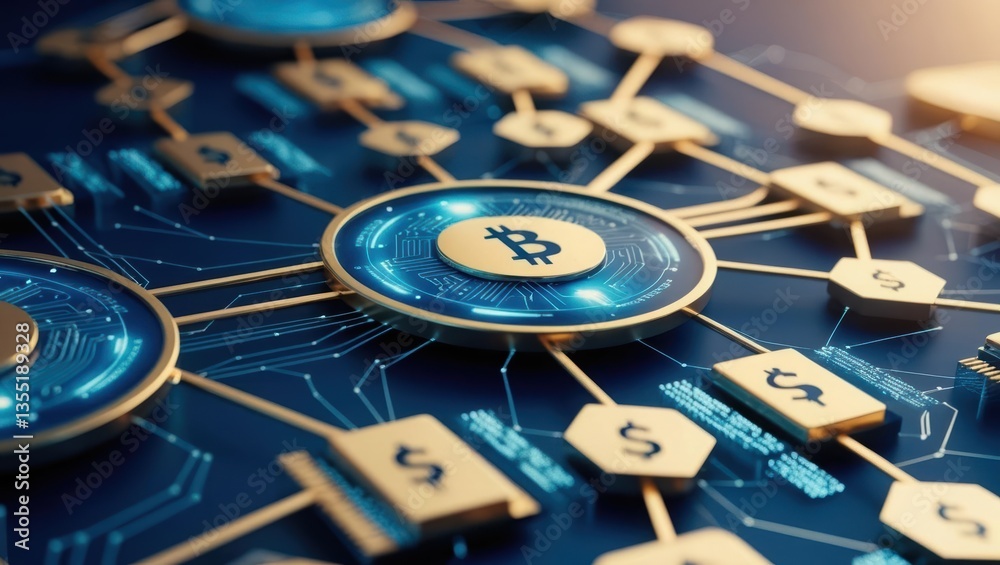 Poster bitcoin on a computer representing digital financial virtualization network and investment transacti