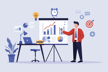 Business Presentation And Data Analysis Corporate Meeting Illustration.