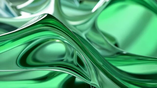 Captivating green glass waves: abstract fluid motion and dynamic reflections