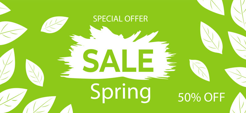 Spring sale offers 50 percent off on select items for a limited time in a vibrant design on a green background