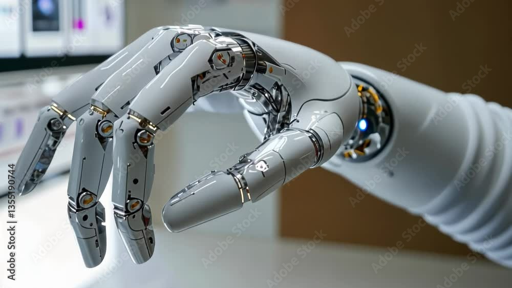 Poster robotic hand demonstrates advanced dexterity and precision in a modern tech lab setting