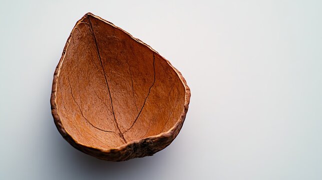 Close-up of an empty brown walnut shell on a white background.
