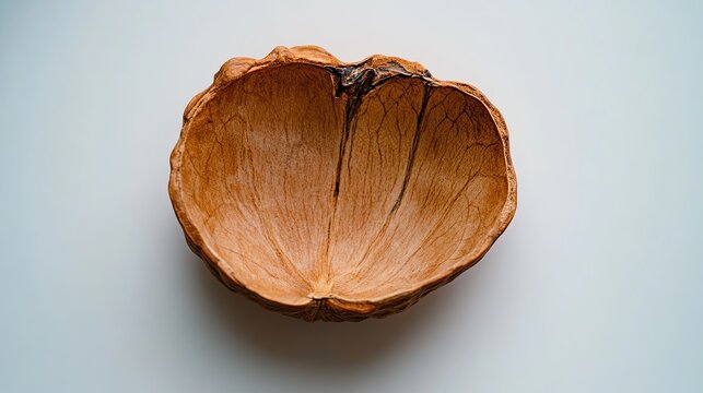 Close-up of an empty walnut shell on a white background.