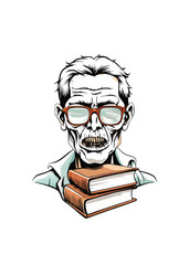 A decaying zombie librarian, with cracked glasses and tattered clothing, stands amidst scattered books in a dimly lit library.