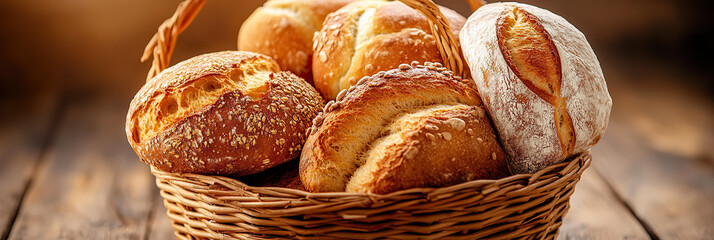 A woven basket overflows with assorted freshly baked bread rolls, featuring various crusts and toppings, on a wooden surface.