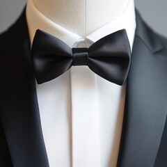 a minimalistic matte black bow tie with sharp edges, paired with a sleek modern tuxedo, clean lines, and elegant composition