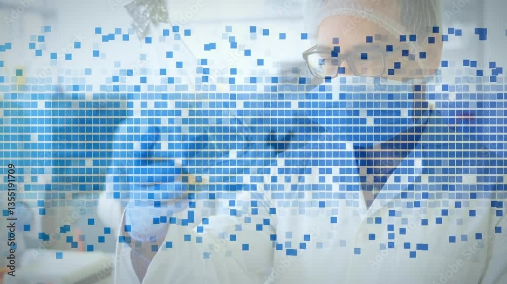 Aufkleber working with animation, scientist in lab coat analyzing digital data in laboratory