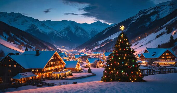 A charming mountain village adorned with cozy holiday lights, situated beneath snowy summits. The landscape reflects the serene allure of a winter wonderland, ideal for escapades.