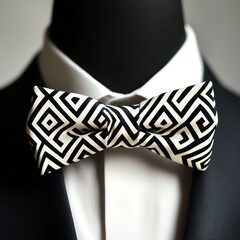 a modern geometric bow tie in black and white patterns, paired with a sharp black suit, sleek and contemporary design, bold and dynamic atmosphere