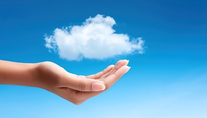 Woman Holding Cloud in Hands Symbolic Concept of Natural Care on a Blue Sky Background