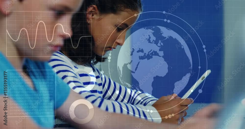 Poster children using tablets with digital globe and data processing animation overlay