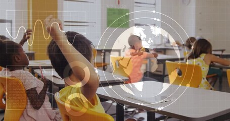 Children in classroom with digital globe and data animation overlay - Powered by Adobe