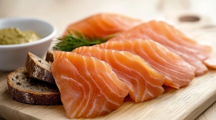 Sliced Swedish gravlax with mustard-dill sauce and rye bread in a Scandinavian minimalist setting with cool tones