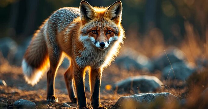 A charming young wild true red fox is on all fours, focused intently ahead as it searches for prey. It possesses a keen, piercing gaze, soft fluffy fur, and a long tail featuring a white spot at the