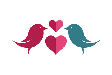 Obraz premium Bird Couple with Hearts Abstract Birds, Two Birds, Minimalist Icon, Magenta, Teal Color