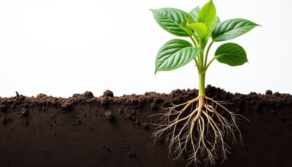 Soybean plant roots in soil, white background. Close-up of healthy plant growth and lush green foliage. Agricultural botany, nature farming. Eco, organic concept, harvest.