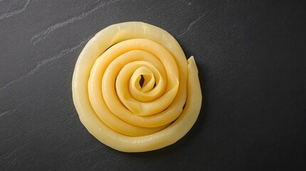 Sausage casing premium spiral arrangement on dark slate surface with water droplets, product photography, semi-transparent texture, commercial food ingredient image