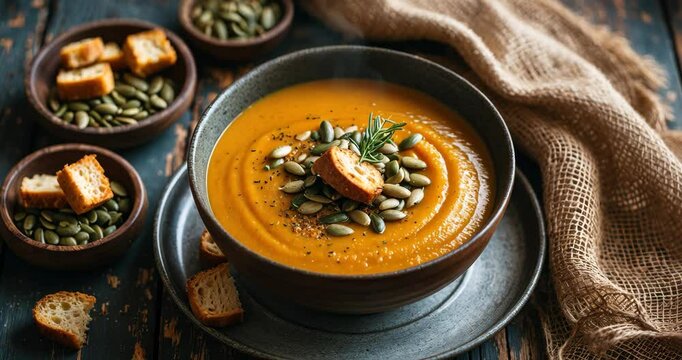 Bowl of pumpkin soup with bread croutons on a dark wooden surface.