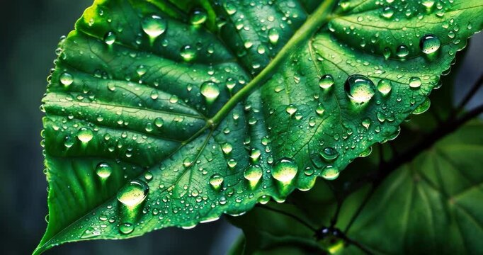 A detailed close-up of a lively green leaf featuring noticeable veins, embellished with sparkling dew drops. Striking leaf backdrop with dew drops.