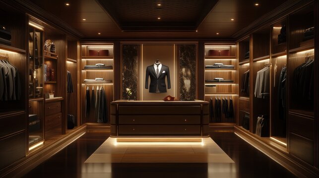 Luxurious walk-in closet with suits, elegant design, dark wood, and LED lighting.