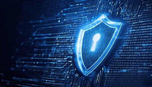 Computer shield on dark background symbolizing robust cybersecurity for digital financial transactions