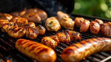 Savoring the smoky flavors of grilled sausages and chicken thighs on the barbecue during a sunny afternoon gathering