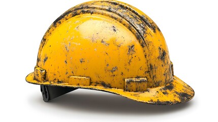 Classic yellow construction helmet with dirt marks, realistic wear and tear, isolated on white.