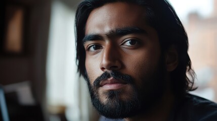 Obraz premium Intense Gaze Portrait of a Young Man with a Beard.
