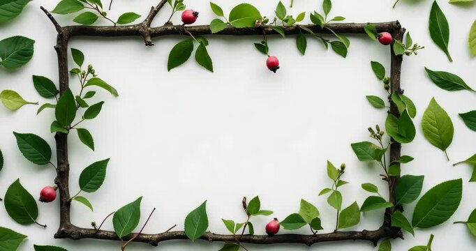 Botanical border featuring young leaves and shoots of rosehip set against a white background. Natural green branches and leaves, backdrop overlay. Component for collage or design creation.