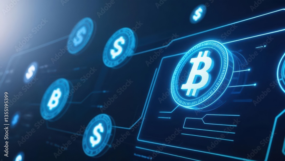 Poster bitcoin on dark background representing virtual currency in a high-tech digital environment