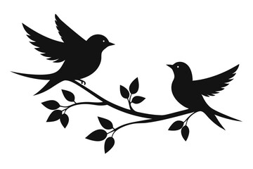 Fototapeta premium Bird Silhouettes on Branch Pair of Flying Black Birds, Foliage Design, White Background