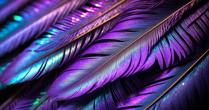 Bird feather in purple light. Stunning background pattern texture for design. Macro photography perspective.