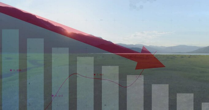 Bar chart with downward red arrow and animation over mountain landscape