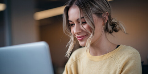 Young woman using laptop, wearing yellow sweater, smiling gently, indoor setting, showcasing modern lifestyle and technology usage