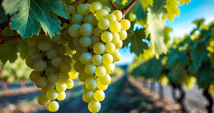 A cluster of white grapes among the grape leaves in a vineyard.