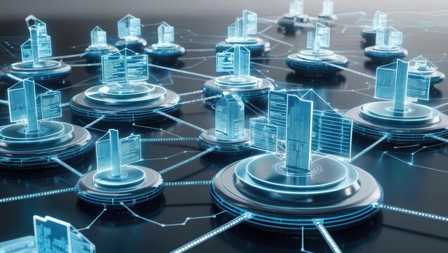 Urban landscape depicted with interconnected lines representing a virtual financial ecosystem