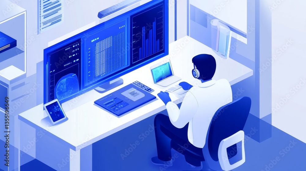 Poster person working at a desk with multiple screens displaying data and graphs in a modern office